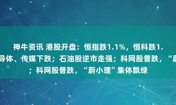 神牛资讯 港股开盘：恒指跌1.1%，恒科跌1.86%；有色、半导体、传媒下跌；石油股逆市走强；科网股普跌，“蔚小理”集体飘绿